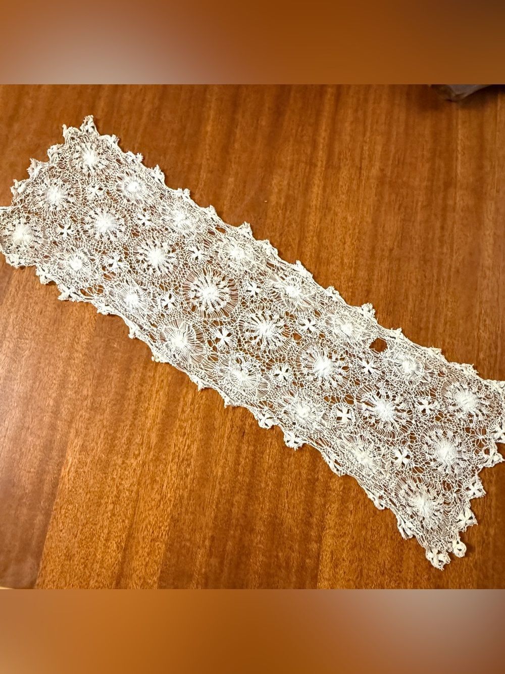 Vintage Delicate Dainty Lace Off Antique White Runner 7” x 23”